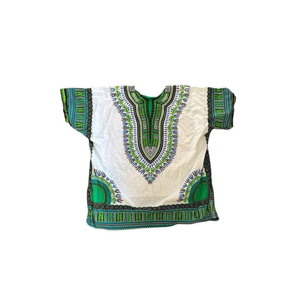 Mama & Papa Dashiki Tunic‎ XL White Green Blue African Boho Shirt
